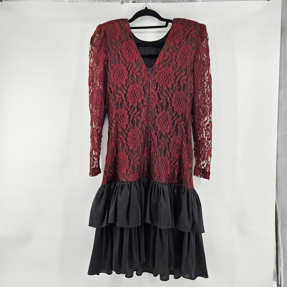 Vintage 80s Burgundy Lace Black Ruffle Tiered‎ Dress Bow Size 9/10 Prom Formal